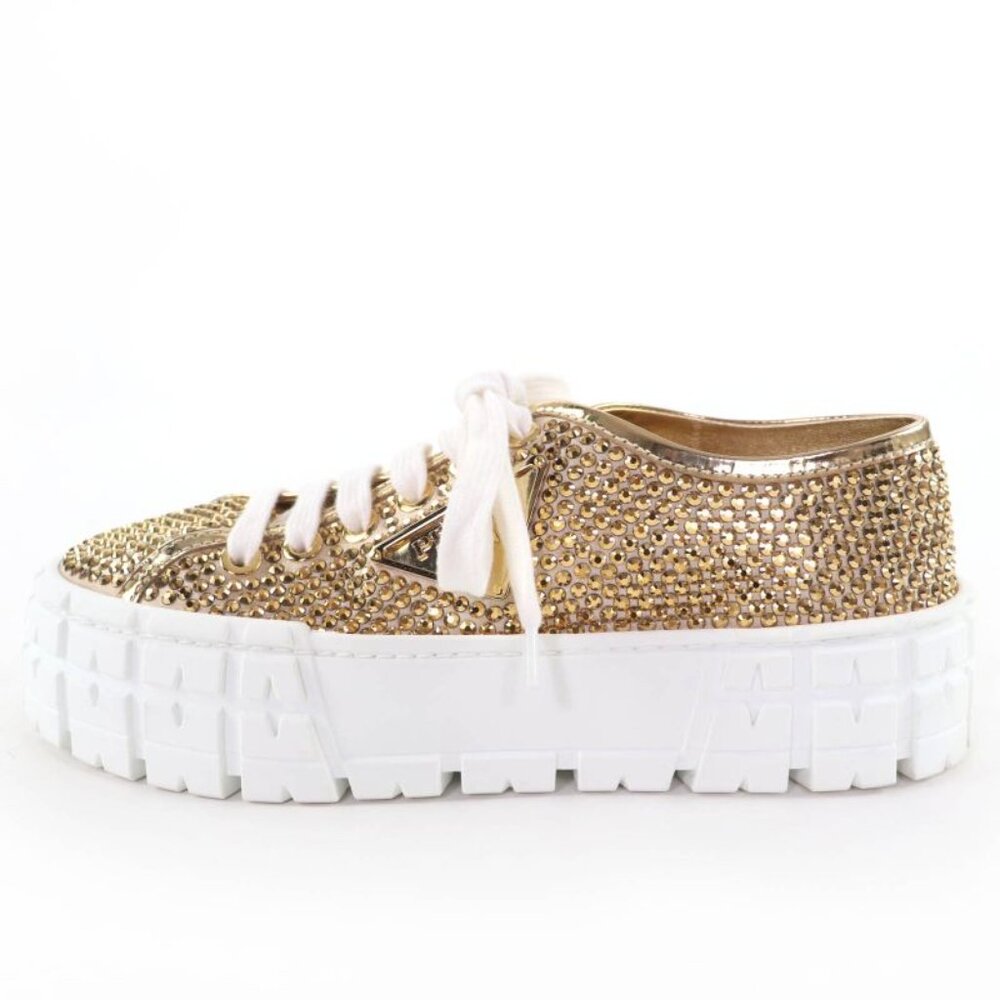 Prada Double Wheel Triangle Logo with Rhinestone Leather Low Cut Sneakers Gold - Picture 5 of 11